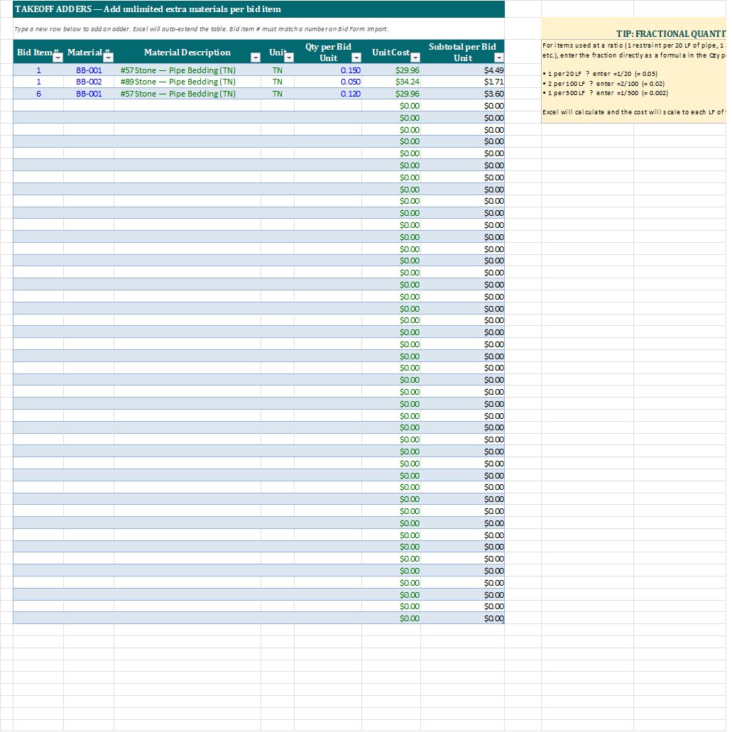 BLUE Takeoff Adders sheet allowing unlimited extra materials to be appended to any bid item with auto-populated descriptions and unit costs