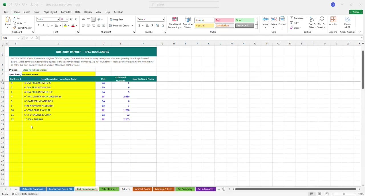 BLUE Bid Form Import sheet showing the spec book entry table with yellow input cells for bid item numbers, descriptions, units, and quantities from a Moss Park Subdivision bid