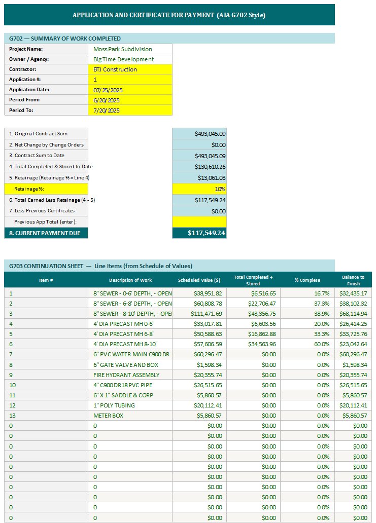 BLUE Pay Request sheet formatted in AIA G702/G703 style application for payment with installed-this-period values