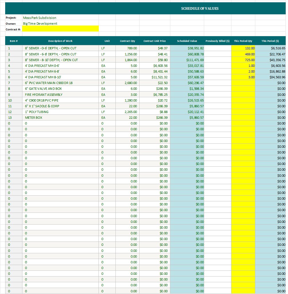 BLUE Schedule of Values showing line-item billing breakdown for monthly pay applications